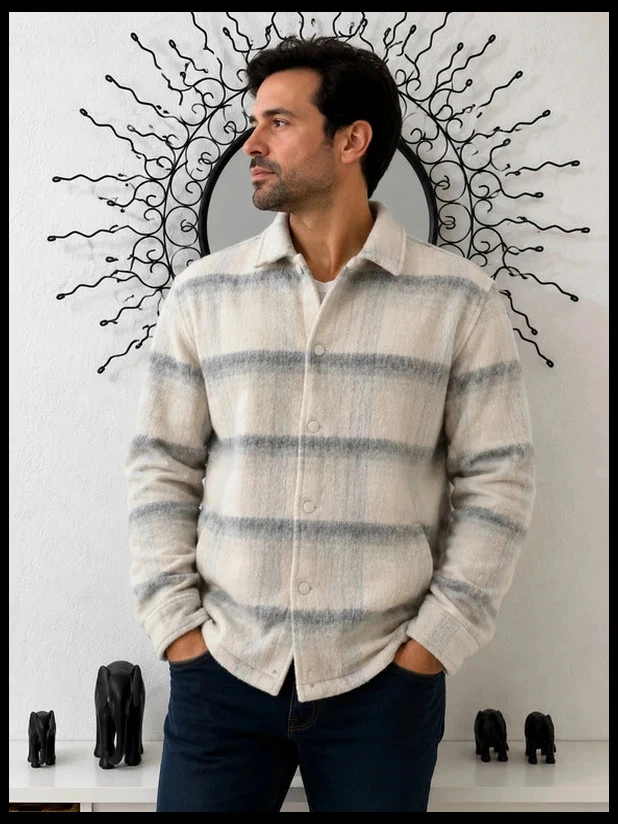 Sobrecamisa gruesa a cuadros gris marfil Jules 30% lana shacket hombre L – photo 9